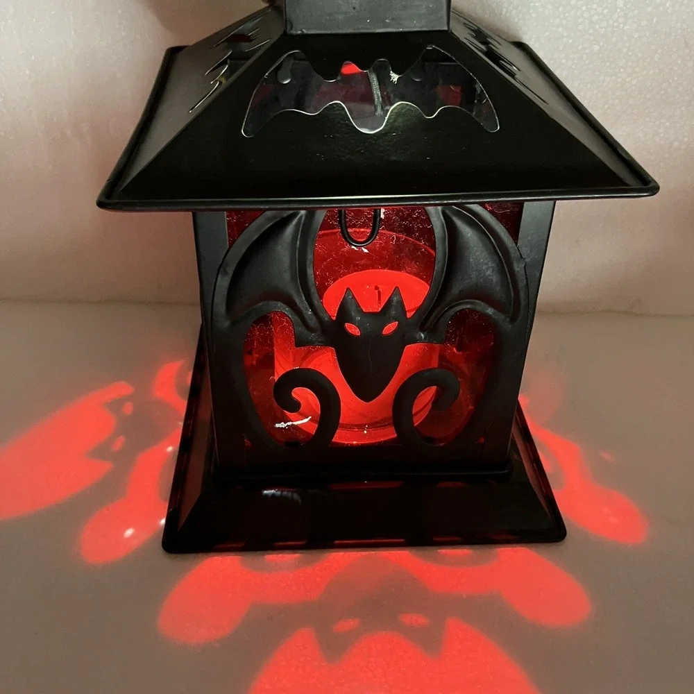 Illuminations Votive Lantern / Bats / Black Metal / Tea Light Holder / Red Glass